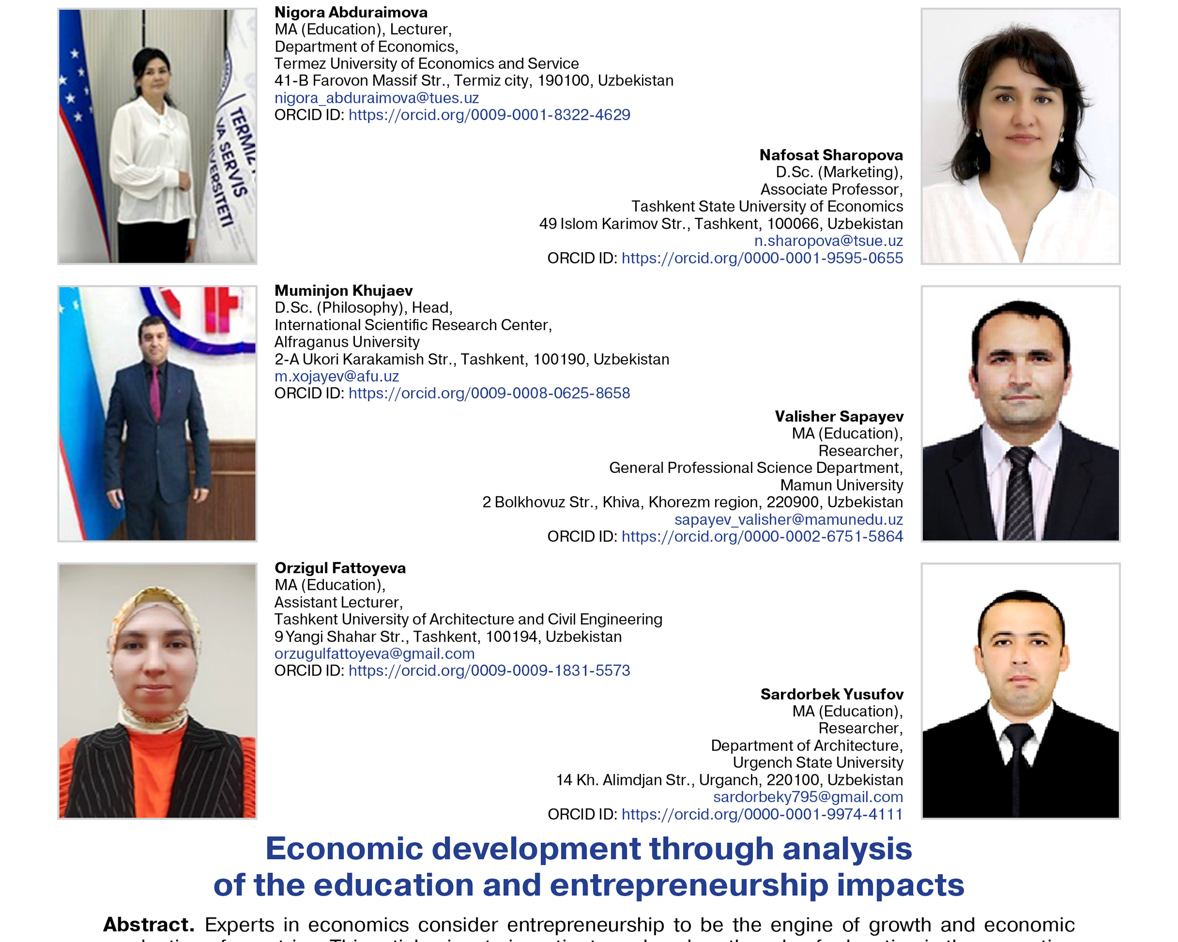 Abduraimova, N., Sharopova, N., Khujaev, M., Sapayev, V., Fattoyeva, O., & Yusufov, S. (2025)